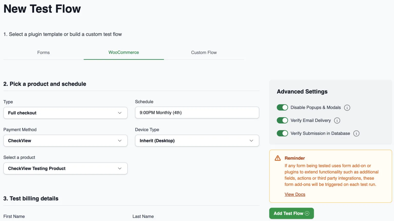 Add test product WooCommerce automated testing CheckView