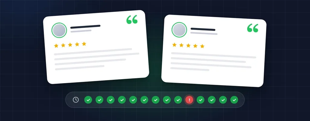 Two five-star testimonial cards above a row of scheduled test results, one failing run caught among the passes