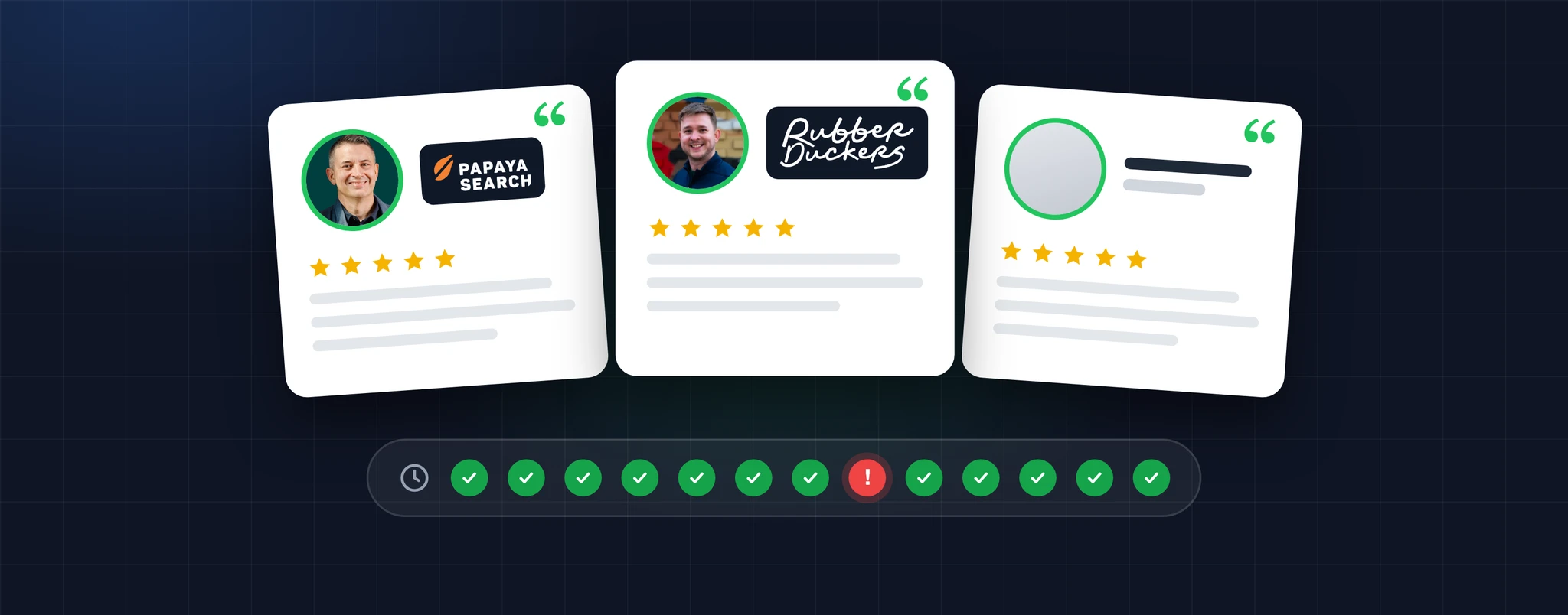 Three five-star testimonial cards, for Papaya Search, Rubber Duckers and an unnamed agency, above a row of scheduled test results with one failing run caught among the passes