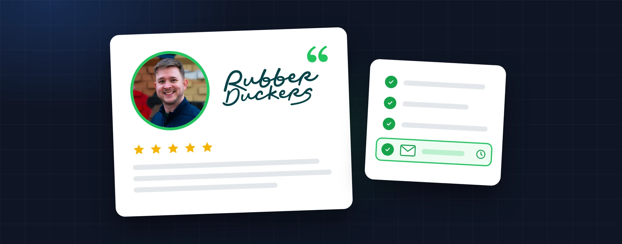Chris Key of Rubber Duckers on a five-star testimonial card beside the agency logo, next to a care plan checklist with a scheduled form test highlighted