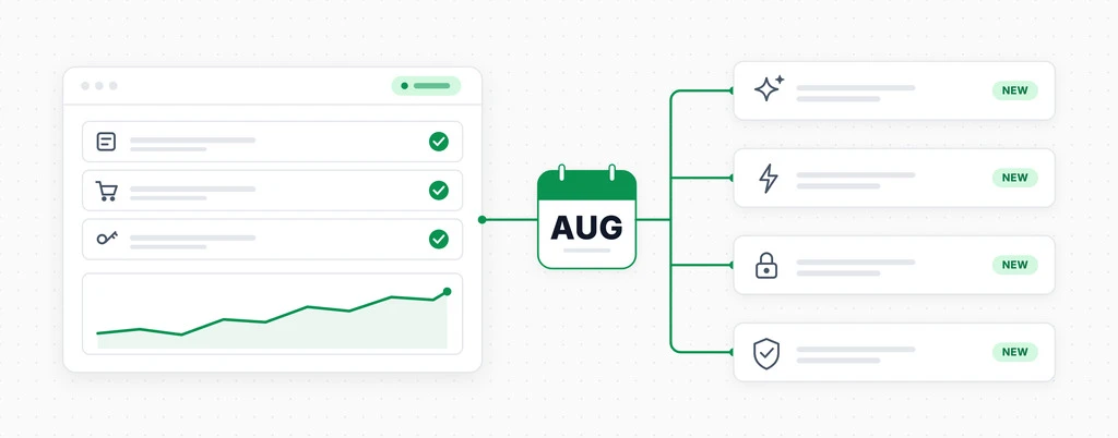 CheckView dashboard beside an August calendar badge with four new release themes marked new