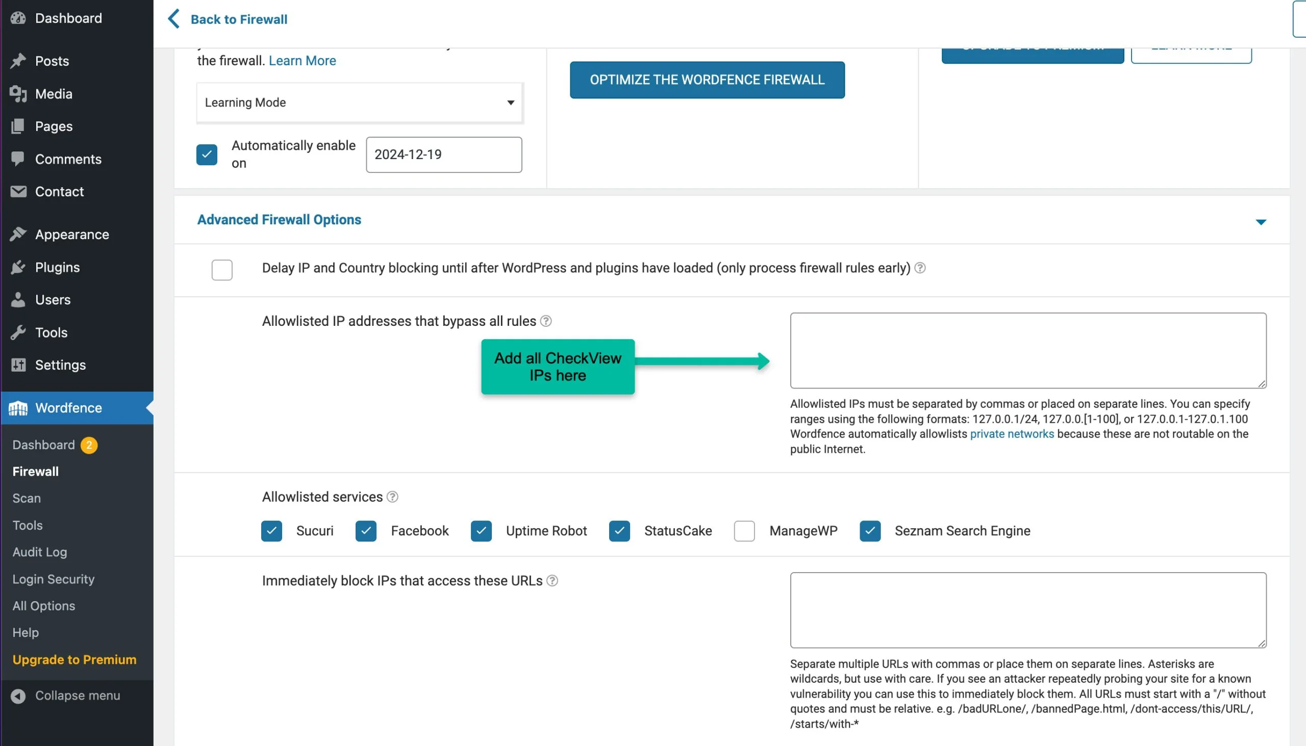 CheckView wordfence whitelist IPs