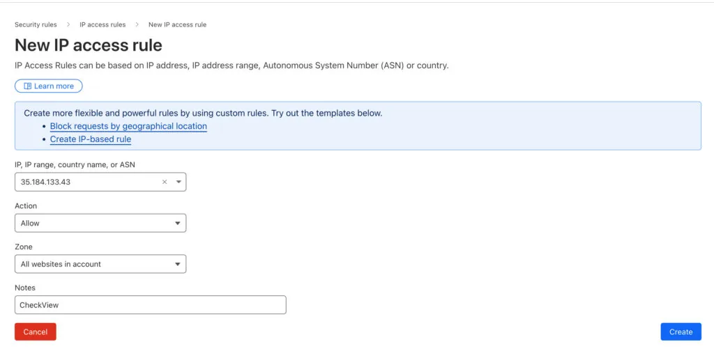 Cloudflare new IP access rule CheckView