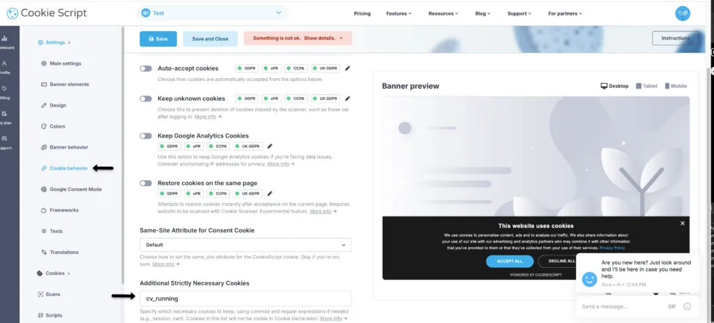Exclude CheckView cookie cookiescript