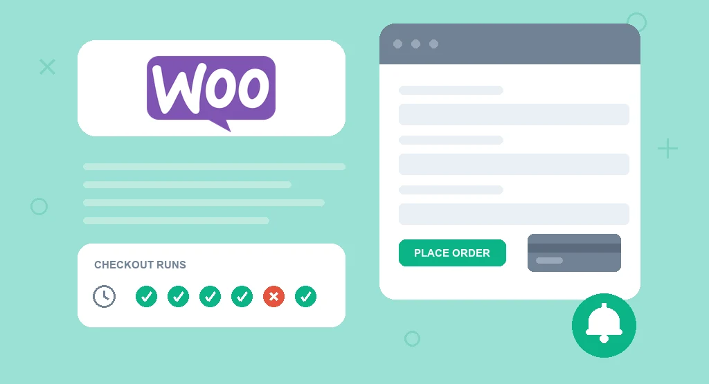 A WooCommerce checkout form beside a run history of six scheduled checkout tests, five passing and one failed, with an alert bell