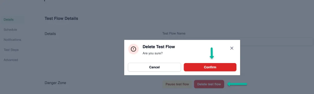 Confirm the action in the warning dialog, acknowledging that all test steps and customizations will be lost.