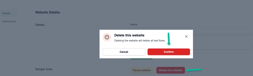 Confirm the action in the warning dialog that appears, acknowledging the permanent loss of all associated test flows