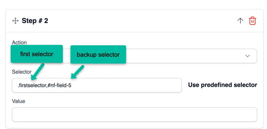 The Selector field in CheckView supports multiple selectors separated by commas. If the first selector fails (e.g.,