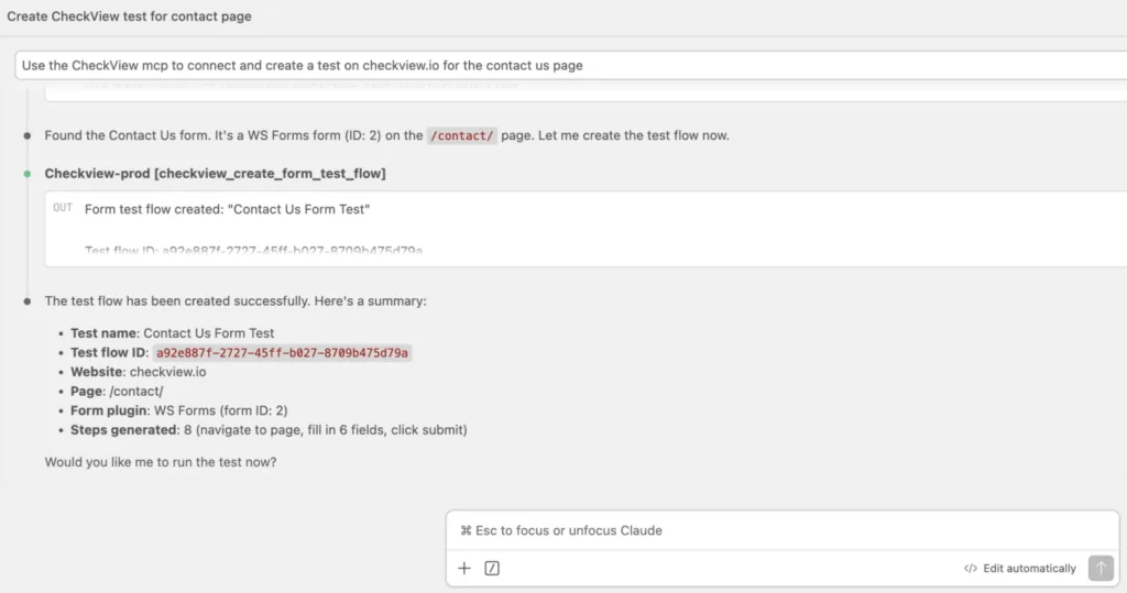 CheckView MCP server connected in Claude Code