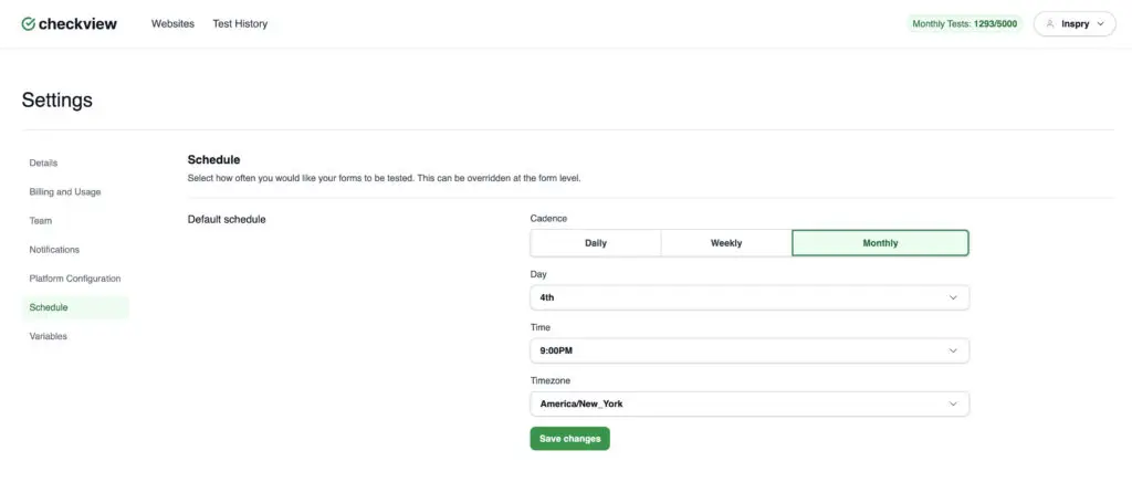 Schedule testing cadence